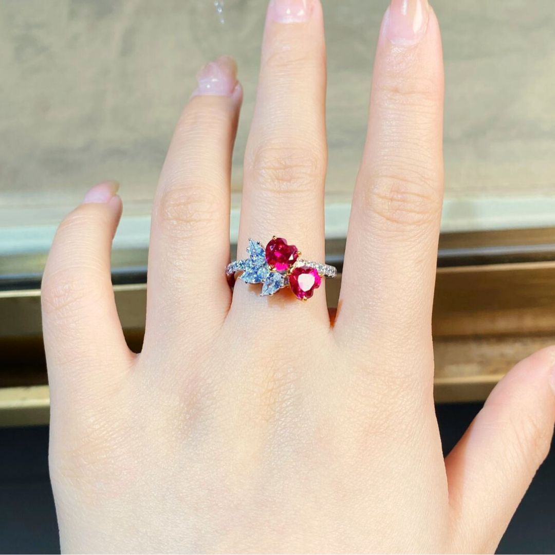 Phoenix ring, Double Heart Pavé, Red & White colours, Sterling Silver