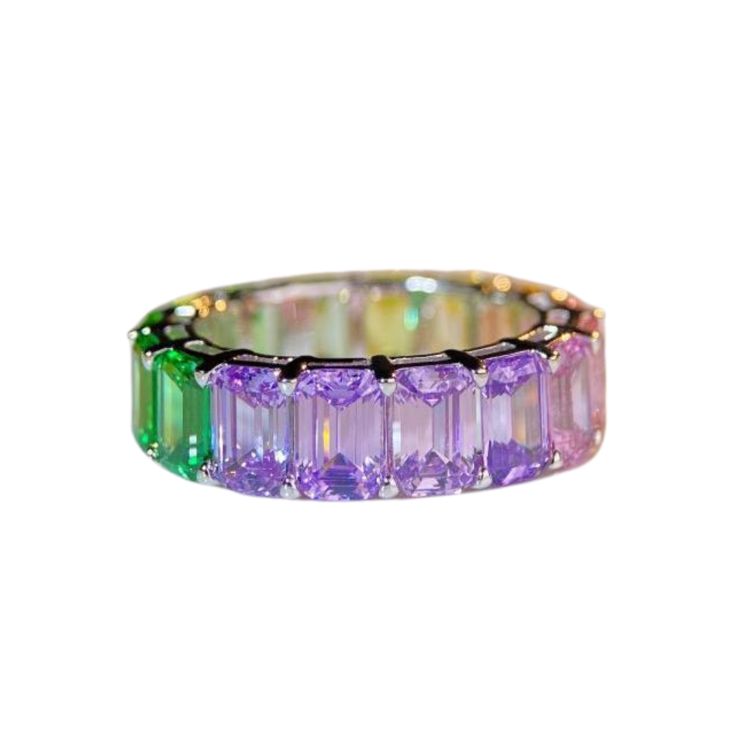 Rainbow ring, Emerald cut, Rainbow colour, Sterling Silver