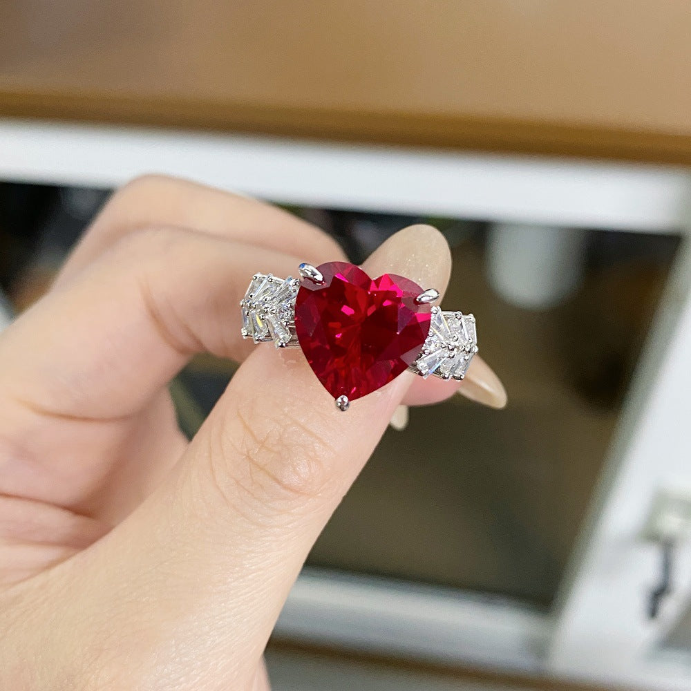 Eve ring, Heart-shaped cut, Ruby colour, Sterling Silver