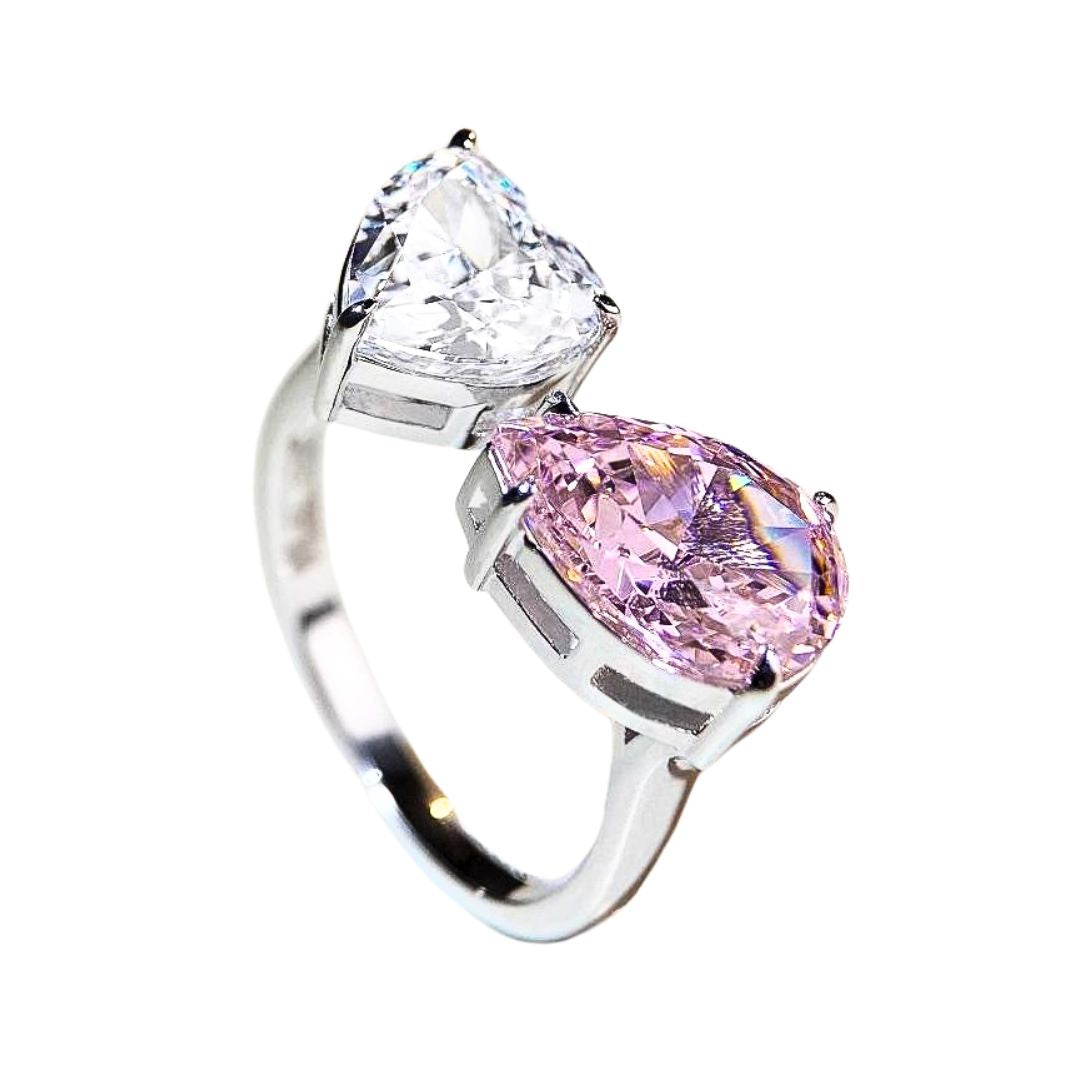 Twin Flame ring, Heart & Teardrop cut, White & Pink colour, Sterling Silver