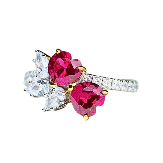 Phoenix ring, Double Heart Pavé, Red & White colours, Sterling Silver