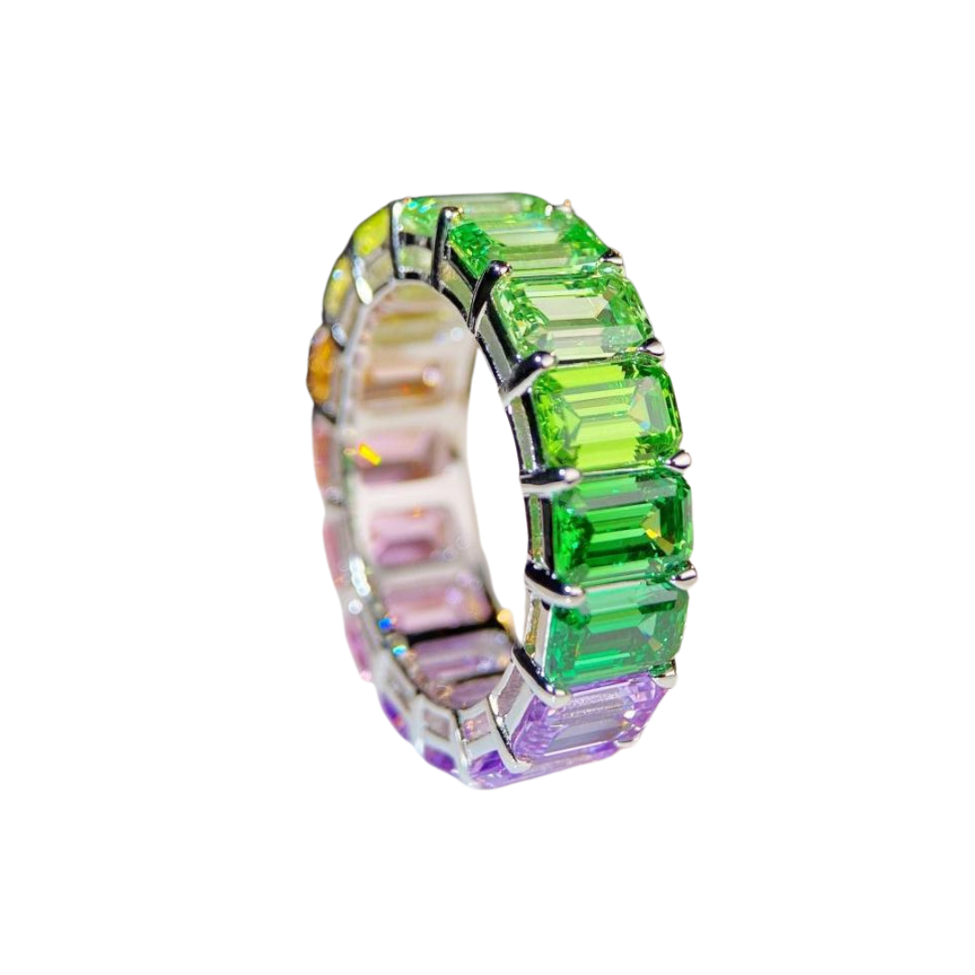 Rainbow ring, Emerald cut, Rainbow colour, Sterling Silver
