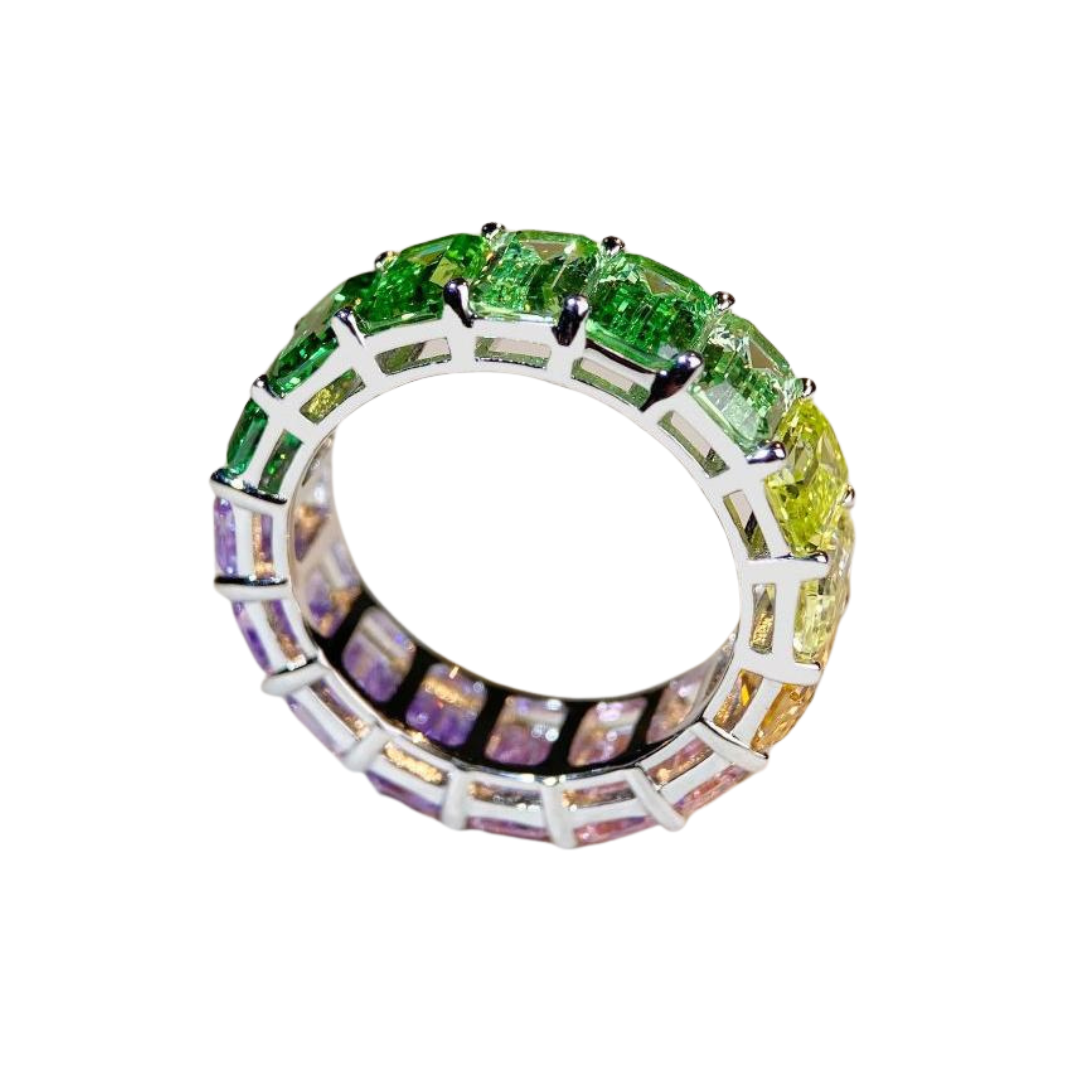 Rainbow ring, Emerald cut, Rainbow colour, Sterling Silver