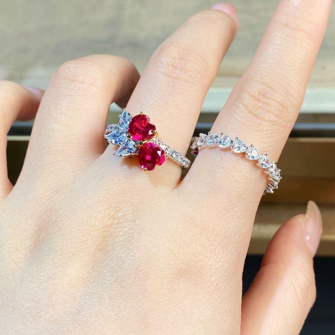 Phoenix ring, Double Heart Pavé, Red & White colours, Sterling Silver