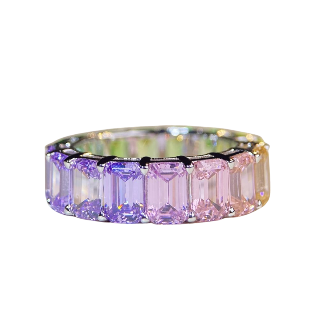Rainbow ring, Emerald cut, Rainbow colour, Sterling Silver