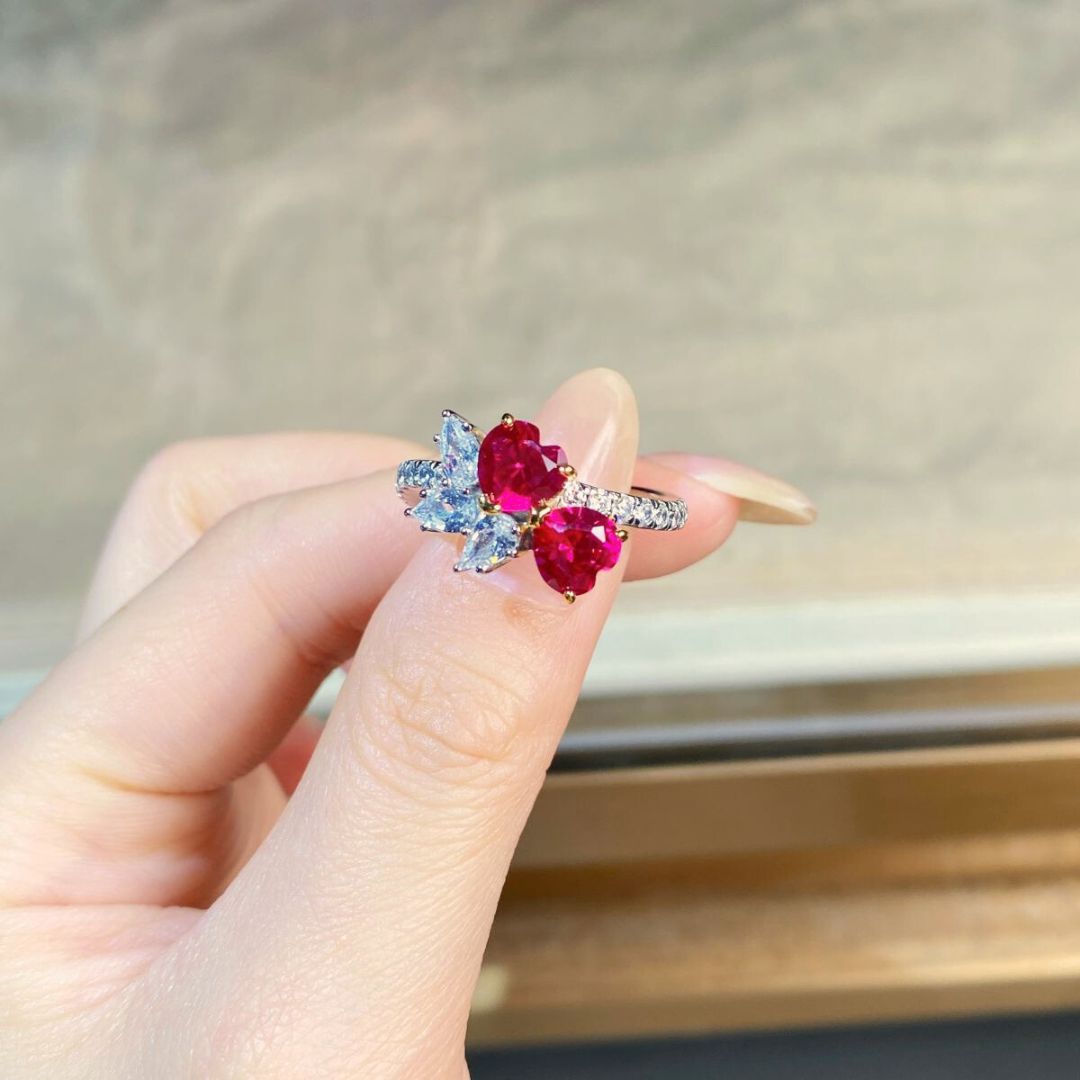 Phoenix ring, Double Heart Pavé, Red & White colours, Sterling Silver