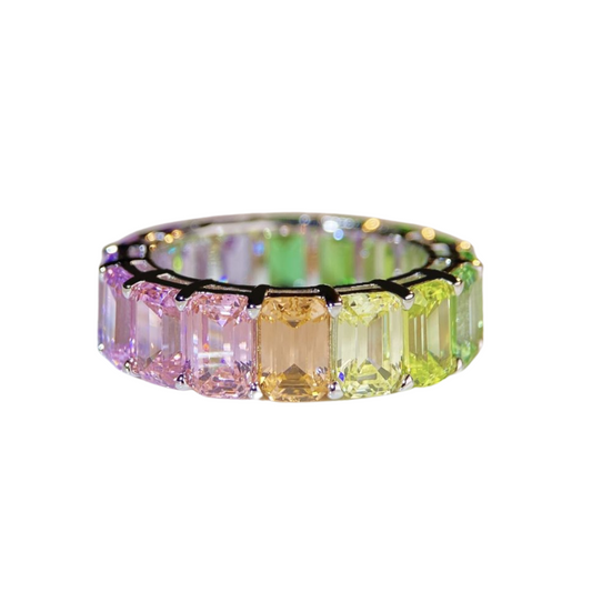 Rainbow ring, Emerald cut, Rainbow colour, Sterling Silver