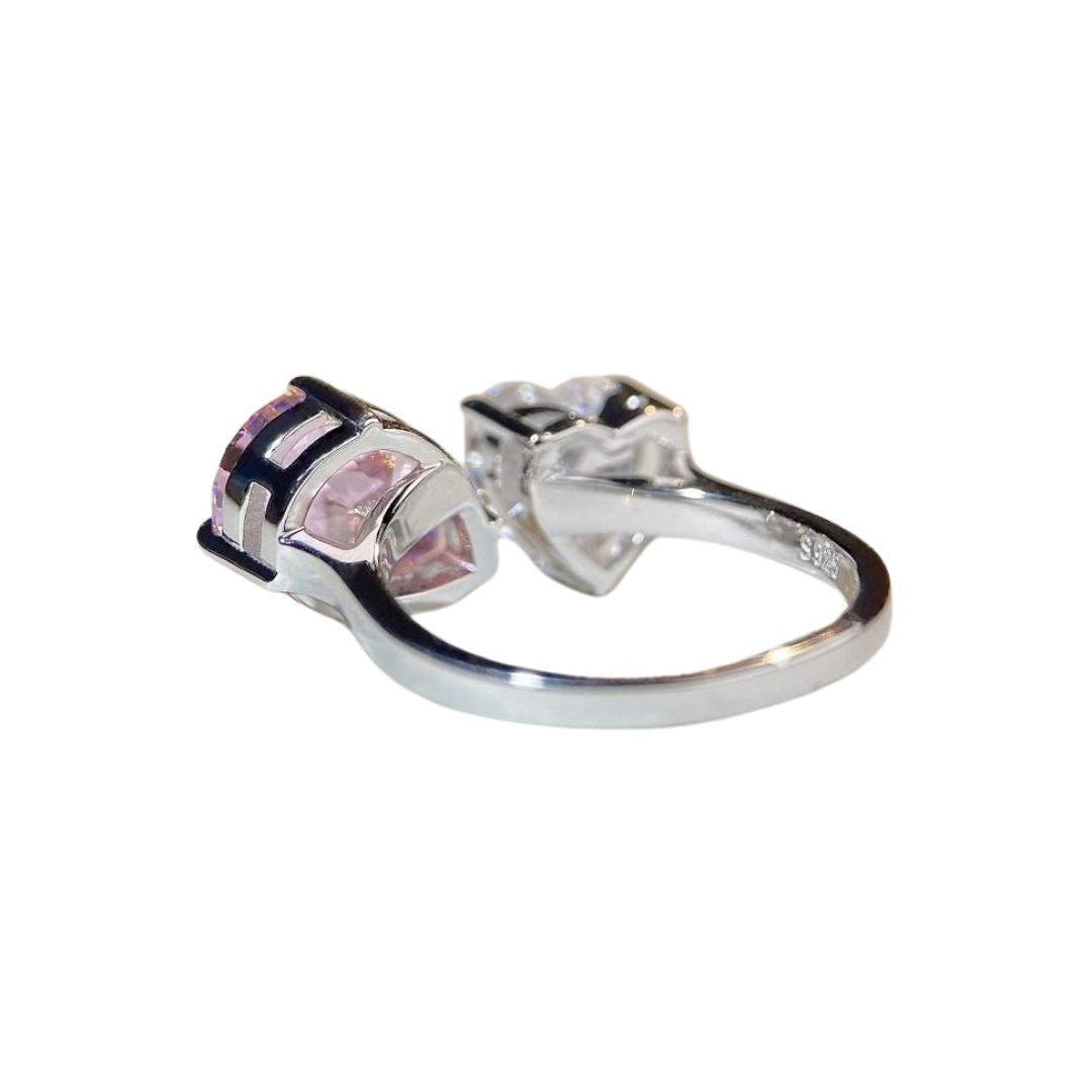 Twin Flame ring, Heart & Teardrop cut, White & Pink colour, Sterling Silver