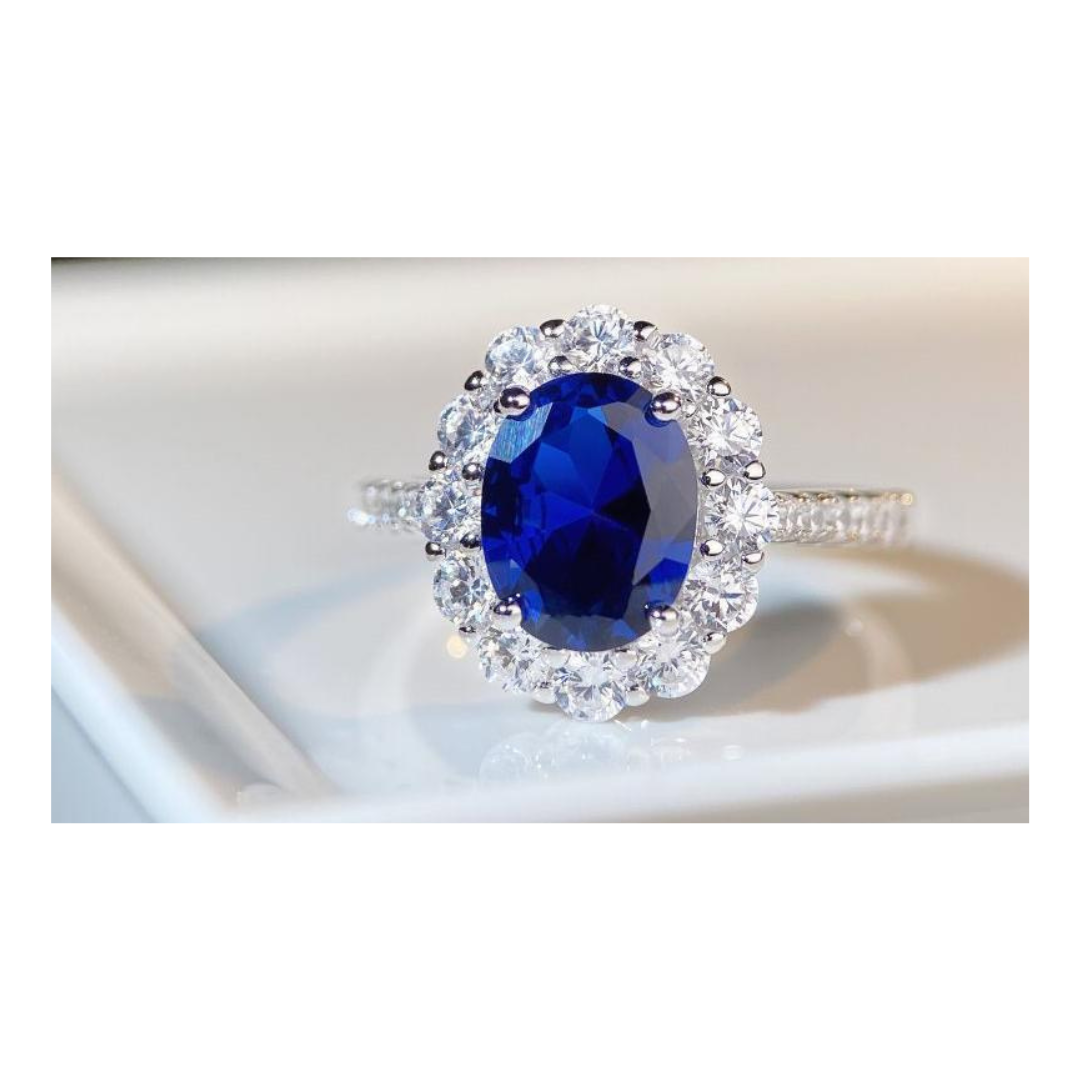 Diana ring, Oval cut, Blue sapphire color, Sterling Silver