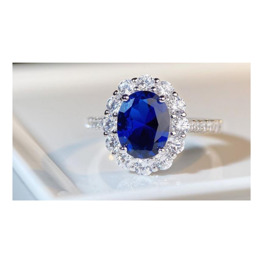Diana ring, Oval cut, Blue sapphire color, Sterling Silver