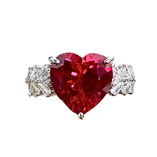 Eve ring, Heart-shaped cut, Ruby colour, Sterling Silver